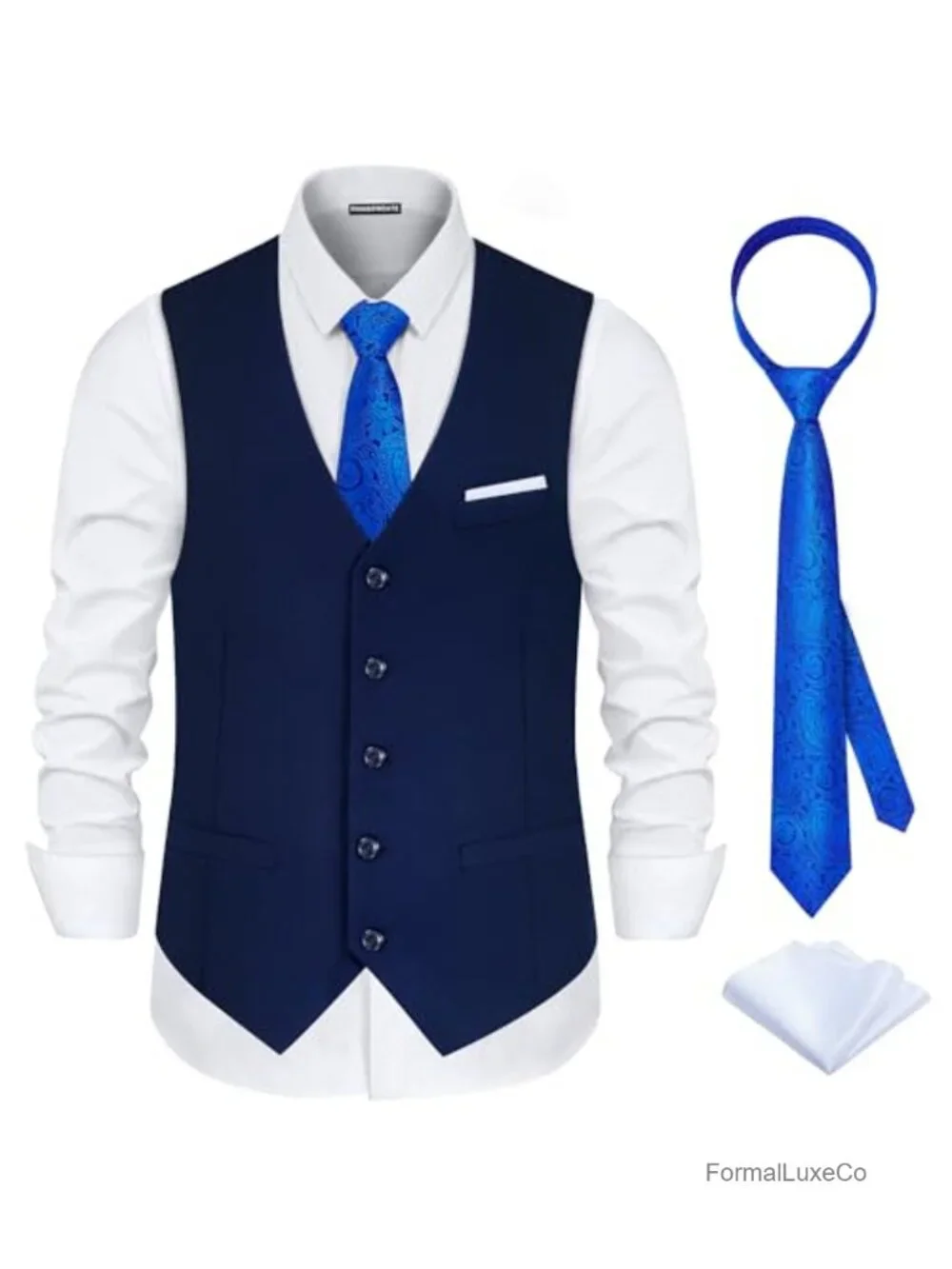 Men's Slim Fit Satin Back Suit Vest 3-Piece Set with Tie & Pocket Square,